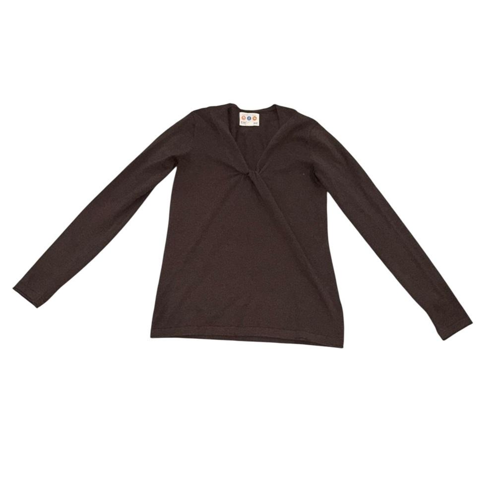 Title Nine Cotton "Twist & Shout" V-Neck Knit Top Brown Long Sleeve Size Small